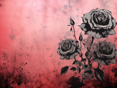 Grungy rose background set against a solid black canvas. The distressed beauty of the dark floral texture brings a touch of artistic flair to any project, design in a unique way.の素材