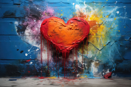 Heart-shaped spray paint on a textured wall. The expressive strokes and modern feel make it a perfect addition to any contemporary space, adding a touch of love to surroundings.の素材