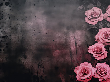 Grungy rose background set against a solid black canvas. The distressed beauty of the dark floral texture brings a touch of artistic flair to any project, design in a unique way.の素材