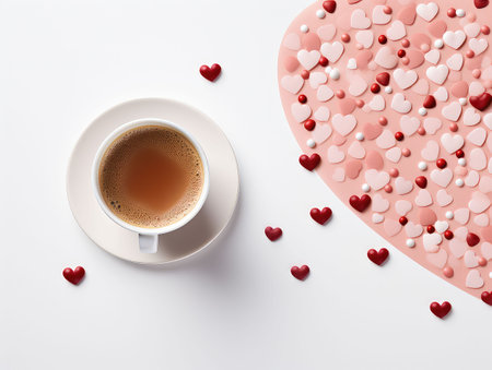 Share a romantic moment with this Valentine's card placed on a white table, accompanied by a heart-shaped coffee cup. The red and white theme creates a cozy celebration.の素材