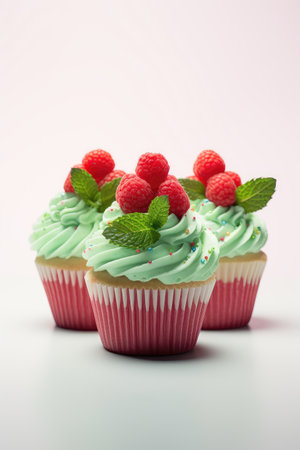 Minimal style sweets with strawberry, raspberry cupcakes, set against a white background in pastel colors. Perfect for Valentine's Day, these delicious treats bring a touch of romance to any occasion.の素材