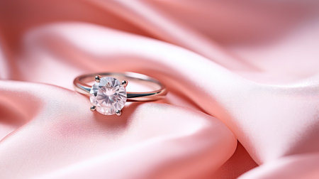 A diamond ring resting on plush velvet, complemented by a vibrant red rose. Perfect for expressing love on Valentine's Day or any romantic occasion.の素材