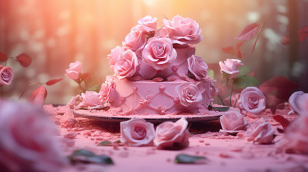 Rose cake in a charming pink environment, perfect for Valentine's Day or any special occasion. Romance and Sweetness.の素材