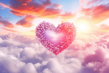 Valentine's Day with a beautiful, colorful heart in the clouds, a dreamy, abstract background perfect for expressing love and joy. Idea for greeting cards and digital art projects.の素材