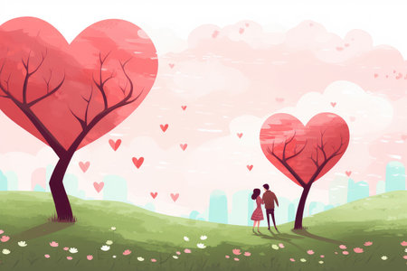 Cute tree with a loving couple, expressing their romance amidst hearts and captured in delightful flat style. Experience the joy of outdoor happiness, a perfect blend of nature and love.の素材
