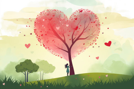 Cute tree with a loving couple, expressing their romance amidst hearts and captured in delightful flat style. Experience the joy of outdoor happiness, a perfect blend of nature and love.の素材