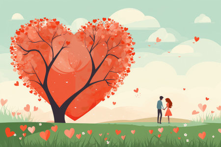 Cute tree with a loving couple, expressing their romance amidst hearts and captured in delightful flat style. Experience the joy of outdoor happiness, a perfect blend of nature and love.の素材