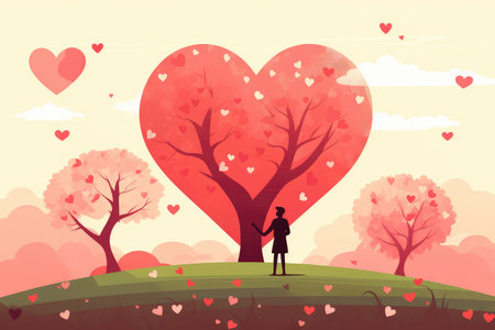 Cute tree with a loving couple, expressing their romance amidst hearts and captured in delightful flat style. Experience the joy of outdoor happiness, a perfect blend of nature and love.の素材