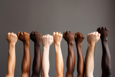 Hands from diverse races and ethnicities, actively engaged in the fight for equality.  multicultural movement, showcasing solidarity and collective action against discrimination.の素材