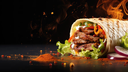 Showcases a tantalizing shawarma, with spices and ingredients in mid-air, suitable for enticing restaurant menus and advertisements.の素材