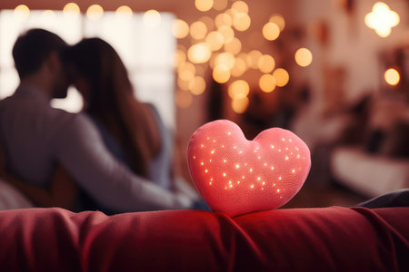Experience the joy and comfort of love with this image of a couple embracing on a couch, featuring a charming heart pillow and a gentle bokeh background.の素材