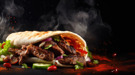 Fresh and hot shawarma doner, featuring a blend of spices and flying ingredients, perfect for vibrant culinary banners and menu displays.の素材