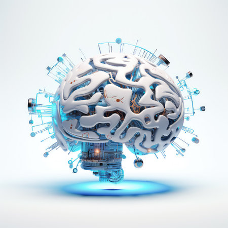 Featuring a brain in a technology-inspired style, this image showcases digital innovation and advanced 3D geometric rendering techniques.の素材