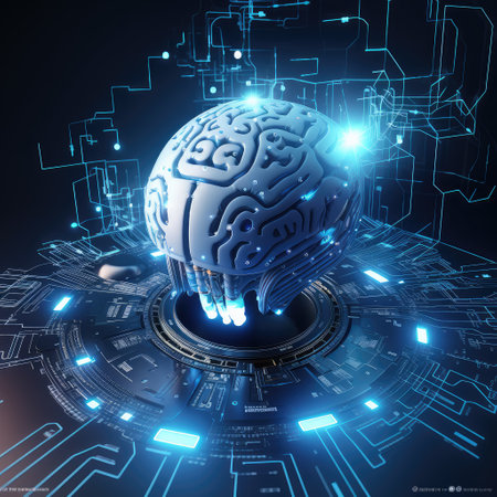 A brain with digital elements, merging 3D rendering and geometric streamline for a futuristic, tech-style look.の素材