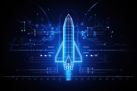 The intricate design of a blueprint rocket, illuminated with neon blue mesh lines against a dynamic technology background.の素材