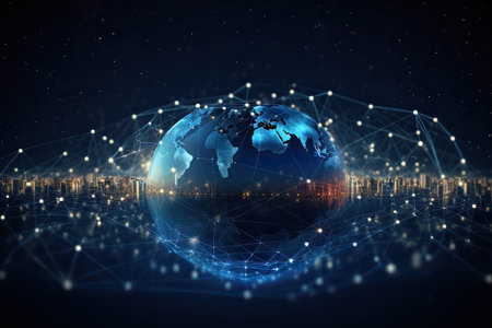Visualize global communication and connectivity through this dynamic image of a world sphere intertwined with technology lines and a digital backdrop.の素材