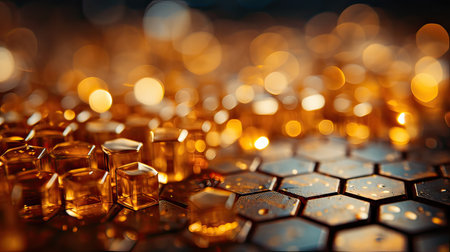 Dive into a world of elegance with hexagon and circle bokeh, featuring glitter and neon lights in a rich gold color, perfect for a luxurious background.の素材