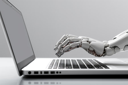 The advancements in artificial intelligence, a robotic hand operating a laptop, emphasizing innovation in computer interaction.の素材