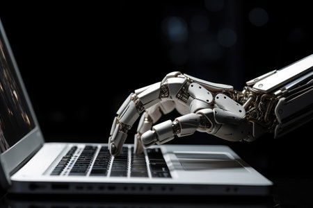 The cutting-edge of technology, featuring a robot hand on a laptop computer, symbolizing the intersection of robotics and digital interaction.の素材