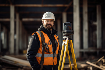 In the midst of a construction project, a civil engineer demonstrates leadership and technical knowledge, essential for urban and structural planning.の素材