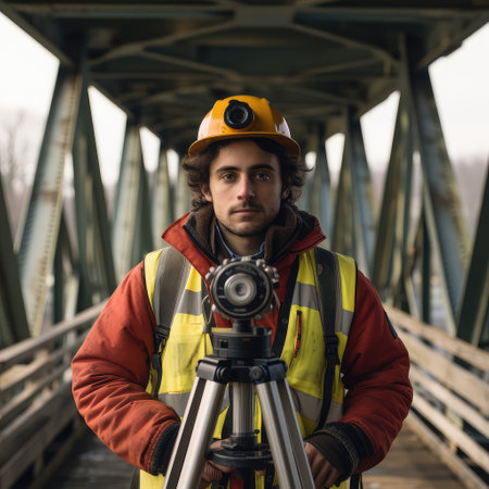 A focused surveyor in a helmet, professionally operating a surveying device on a bridge, symbolizing precision in construction and engineering.の素材