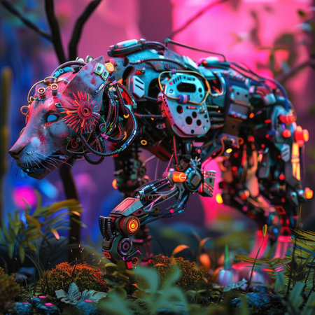 A vivid 3D showcase of mechanical wildlife featuring robotic predators and cybernetic grazers in digital harmonyの素材
