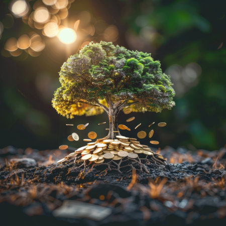 Savings growth 3D tree flourishing with coins and bills nurturing financial healthの素材