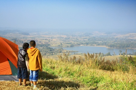 Two brothers on the mountain in the morningの素材