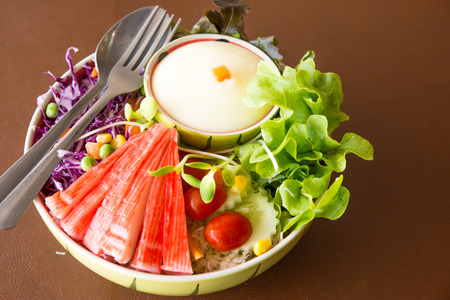 Crab Salad with Green Vegetables in a Cupの写真素材