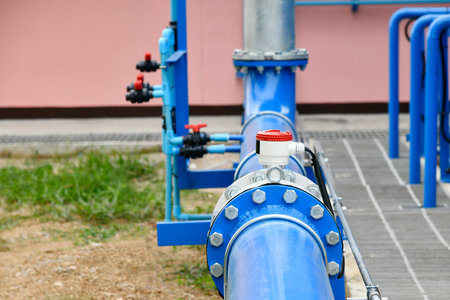 Water steel pipe and water meter close up image. Select focus of drink water piping. Flange Pipe...