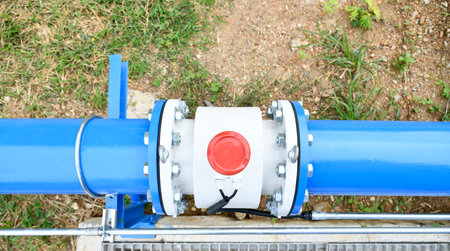Steel pipe and Flow meter close up image. Select focus of drink water piping. Flange Pipe Fitting