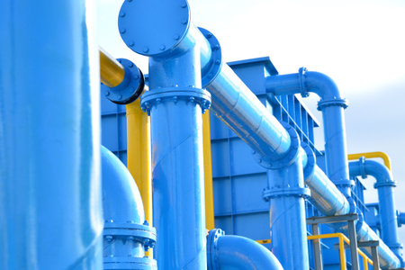 Water steel pipe connecting in water supply industrial, Fitting on pipeline close up imageの写真素材