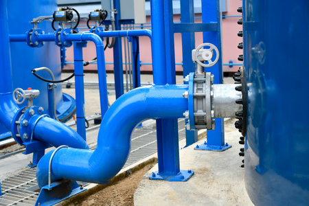 Water gate and electric actuator with steel pipe close up image. Select focus of piping. Flange Pipe Fittingの写真素材