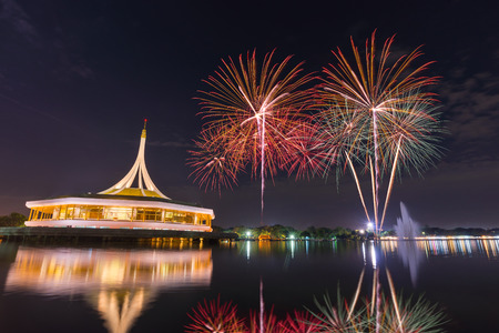 Monument at public park Suan Luang Rama IX with Colorful Fireworks, Bangkok, Thailandの写真素材