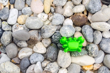 White and brown gravel with green Crab-shaped toyの写真素材