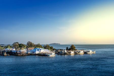 Fishing village sun set sea viewの写真素材