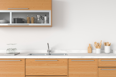 Modern white kitchen countertop with sink, 3D renderingの写真素材