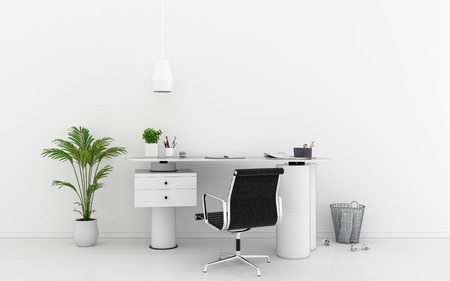 Office desk in white room interior for mockup, 3D renderingの写真素材