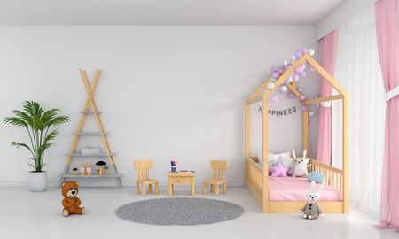 White child bedroom interior for mockup, 3D renderingの写真素材