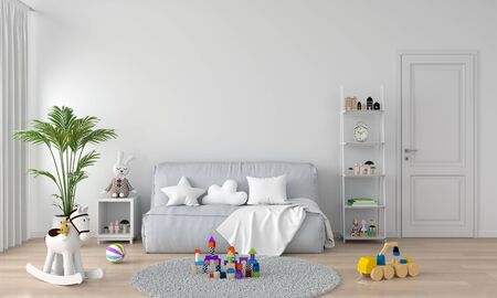 Gray sofa in white child room interior, 3D renderingの写真素材