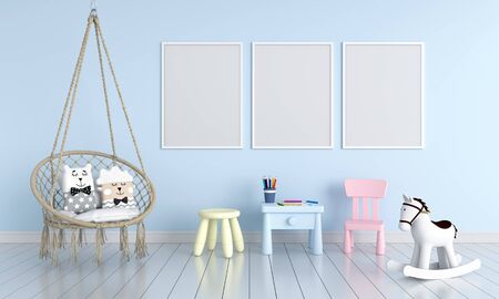 Three blank photo frame for mockup in blue children room, 3D renderingの写真素材