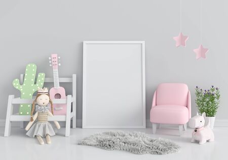 Empty photo frame for mockup in children room, 3D renderingの写真素材