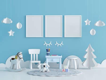 Three blank photo frame for mockup in child room, 3D rendering
