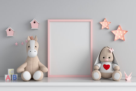 Doll on table with picture frame mockup, 3D renderingの写真素材