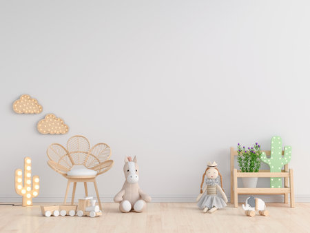 Doll on floor in white child room for mockup, 3D renderingの写真素材