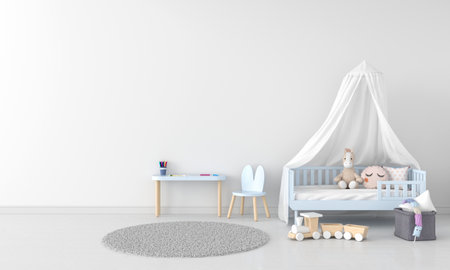 White child bedroom interior for mockup, 3D renderingの写真素材