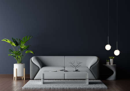 Gray sofa in dark living room wiht free space for mockup,3D renderingの写真素材