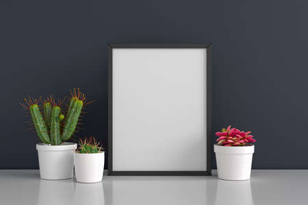 Cactus and succulent pot plant with picture frame mockup, 3D rendering