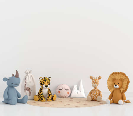 Doll in white children room with copy space, 3D rendering