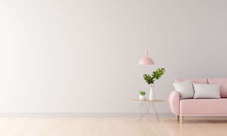 Pink sofa in white living room interior with free space for mockup,3D rendering